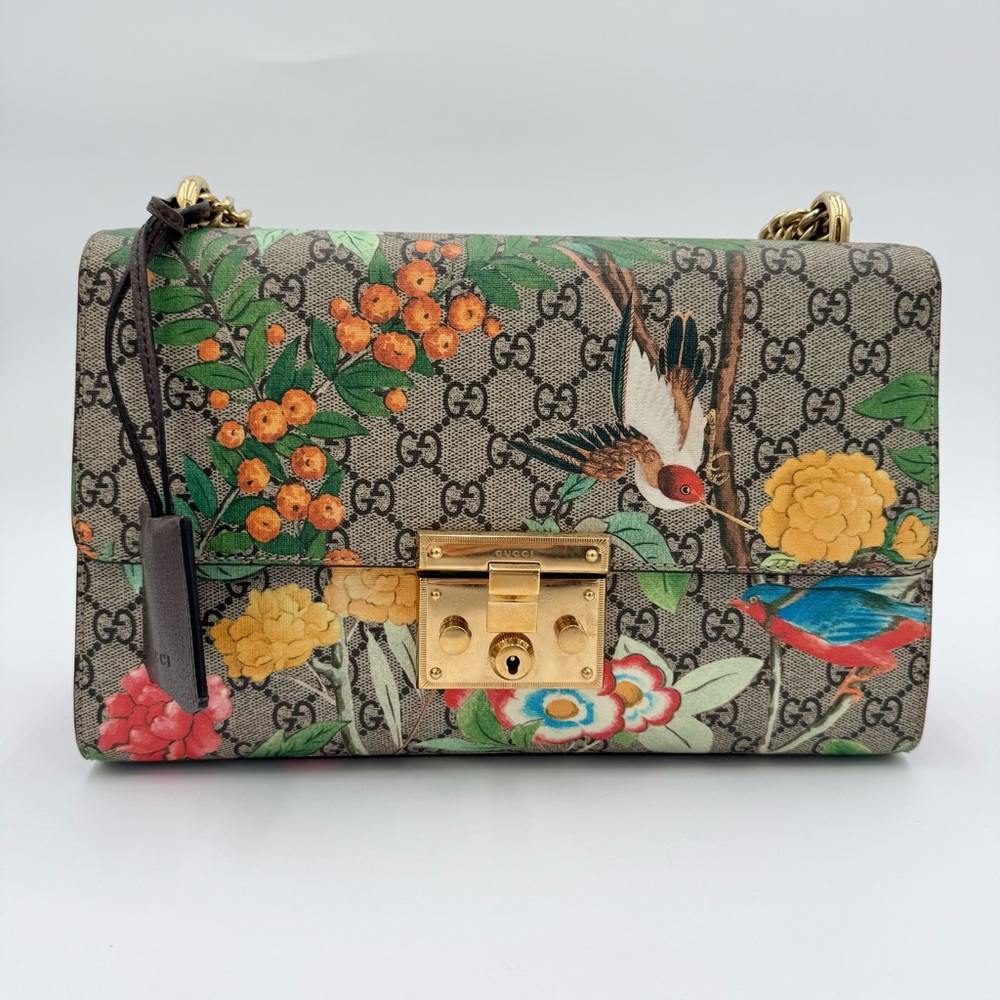 SOLD Gucci GG Supreme Monogram Tian Large Padlock Shoulder Bag Beige Multicolor